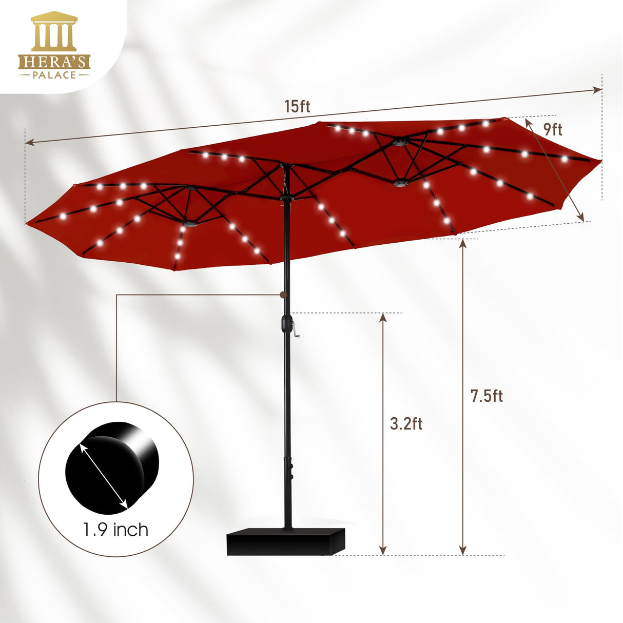 HERA'S PALACE 15 ft Patio Umbrella with 36 LED Solar Lights, Double Sided Outdoor Umbrella for Patio, Table Umbrella Outdoor Patio with Base for Garden Pool HERA'S PALACE