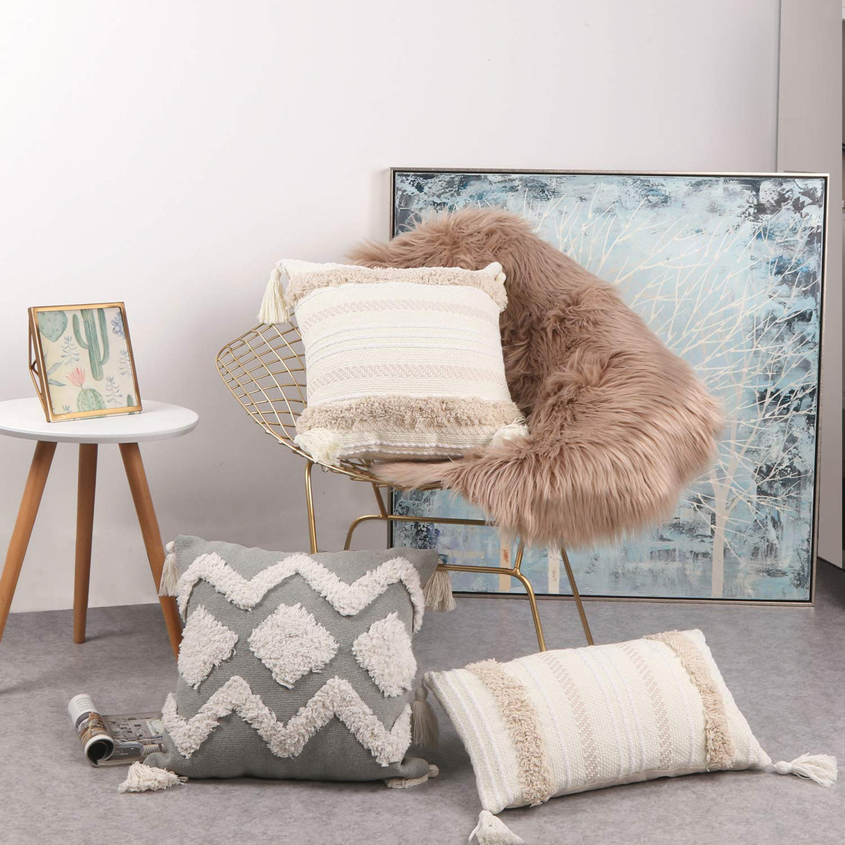 OJIA Lumbar Decorative Boho Throw Pillow Cover, 12 x 20 Farmhouse Cute Pillowcase Minimalist Neutral Collection Cream White Tufted with Tassels Woven Cushion Cover for Sofa Couch Bedroom Living Room OJIA