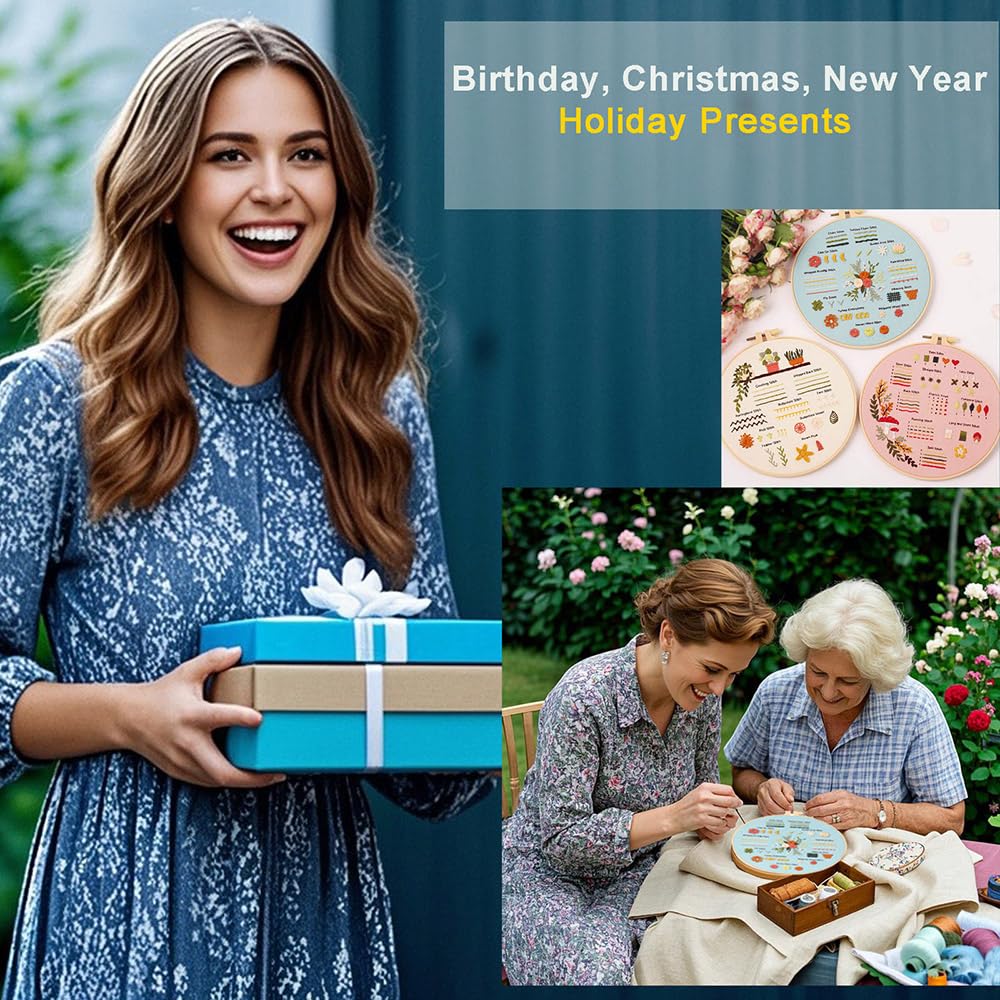 Sutesloly 4 Sets Beginner Embroidery Kits for Adults,Learn Plant Flower Simple Hand Embroidery Starting Sets with Patterns,Basic Easy Stitch Floral Mushroom Learn Embroidery Starter Practice Kit Sutesloly