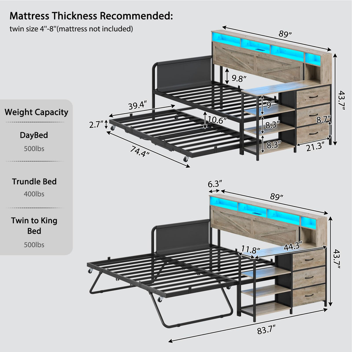 VIAGDO Daybed Twin with Pop Up Trundle, Farmhouse Wooden Day Bed Frame with 3 Storage Drawers and Shelves, Twin to King Daybed with Charging Station and LED Lights for Bedroom, Guest Room, Grey VIAGDO