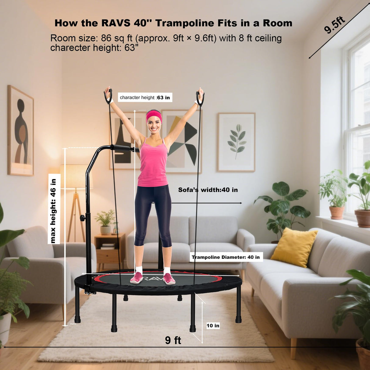 RAVS Mini Trampoline for Kids Adults 40"/48" Foldable Fitness Rebounder Kids Trampoline with 5 Levels Height Adjustable Handle Resistance Bands Indoor Workout RAVS