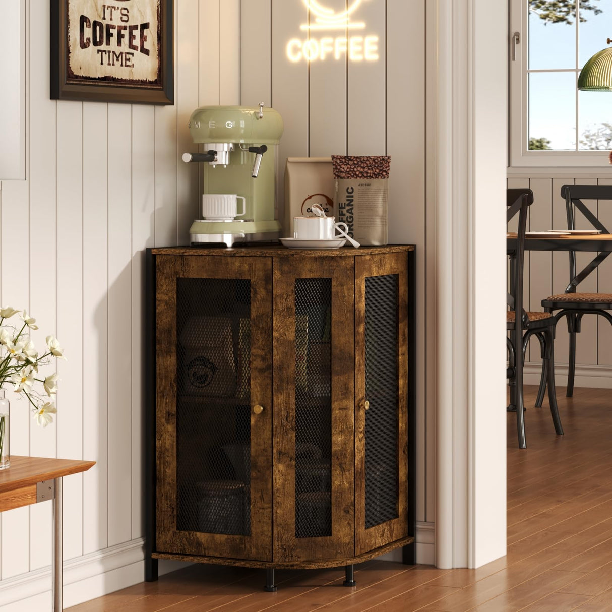 keomaisyto Coffee Bar Cabinet, 3-Tier Corner Coffee Cabinet with Storage Shelf & 18.7" Countertop, Rustic Wood Coffee Bar Station with Magnetic Door for Kitchen/Entrance/Living Room/Dining Room keomaisyto