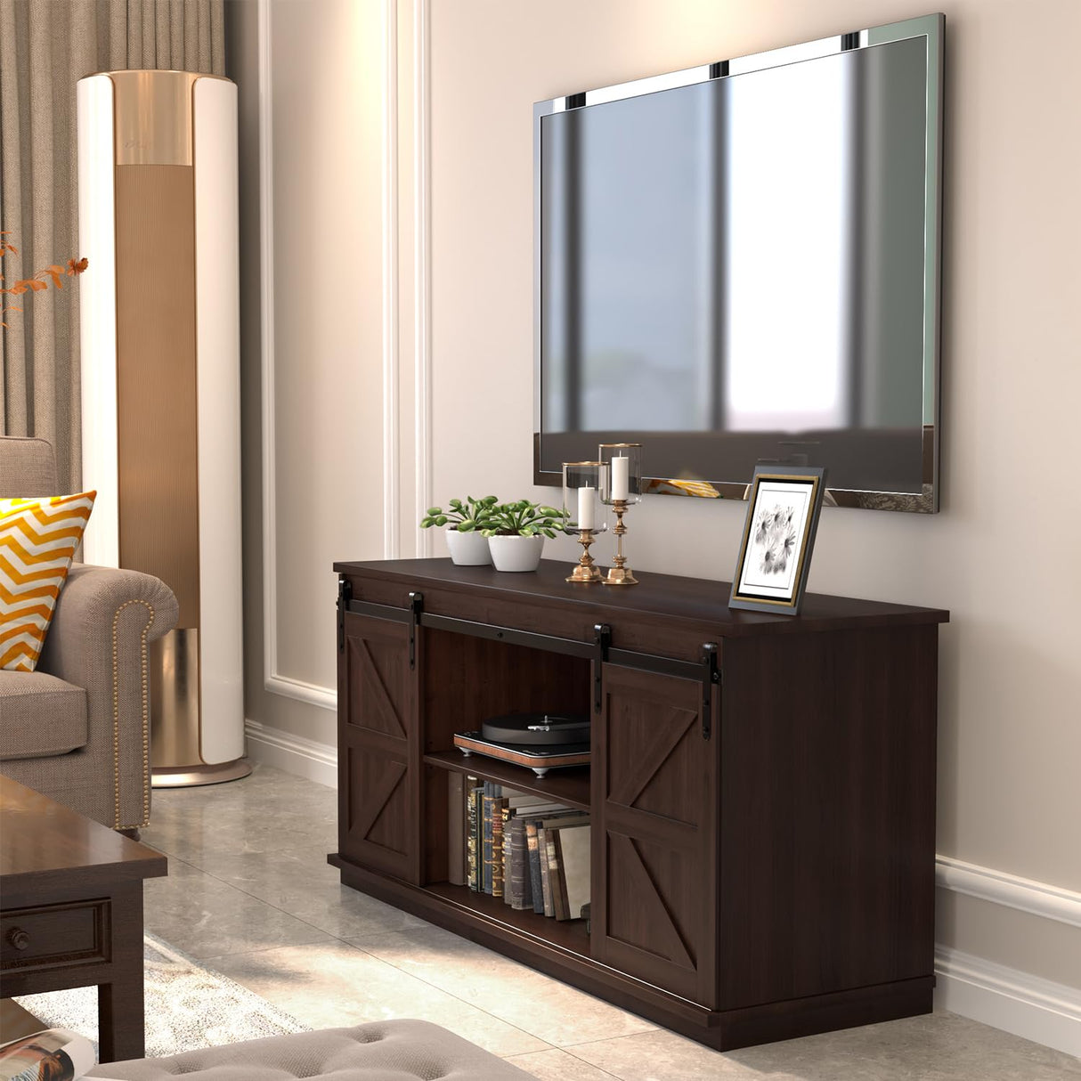 JUMMICO TV Stand for 65 Inch TV, Entertainment Center with Storage Cabinets and Sliding Barn Doors, Mid Century Modern Media TV Console Table for Living Room Bedroom (Brown) JUMMICO