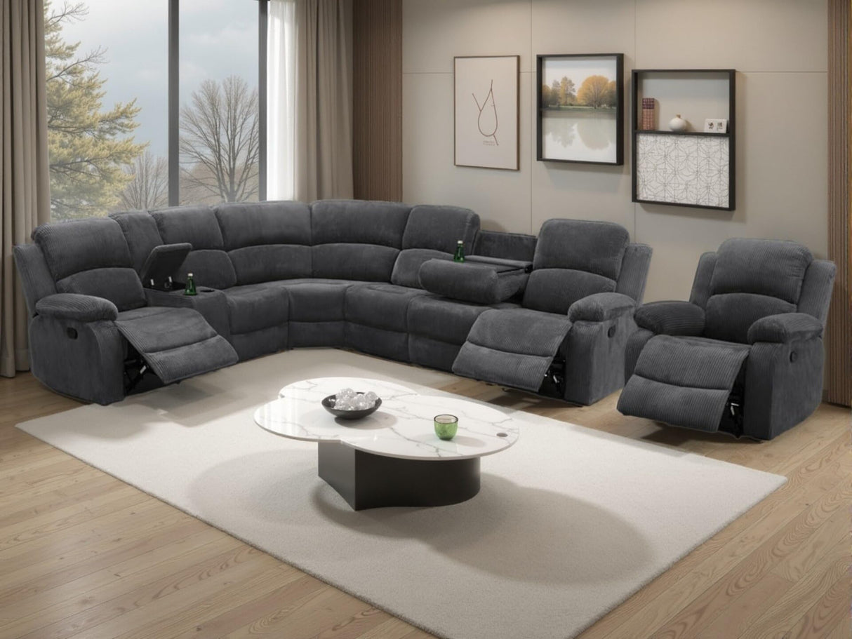 Manual Reclining Sofa Set with Drop-Down Table, Corduroy Sofa Sets, Living Room Furniture Sets, Modern Manual Recliner Sofa Sets with Storage Console for Living Room (Dark Grey, Sectional+Chair) AYCP Furniture