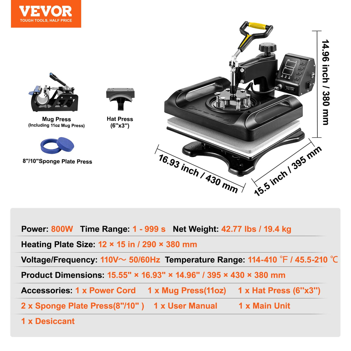 VEVOR Heat Press 12X15 Inch Heat Press Machine 5 in 1 800W Heat Press Machine for T-Shirts Sublimation Printer Transfer with Accurate Large Screen Display Dual-Tube Heating for DIY T-Shirts Cap Mugs VEVOR
