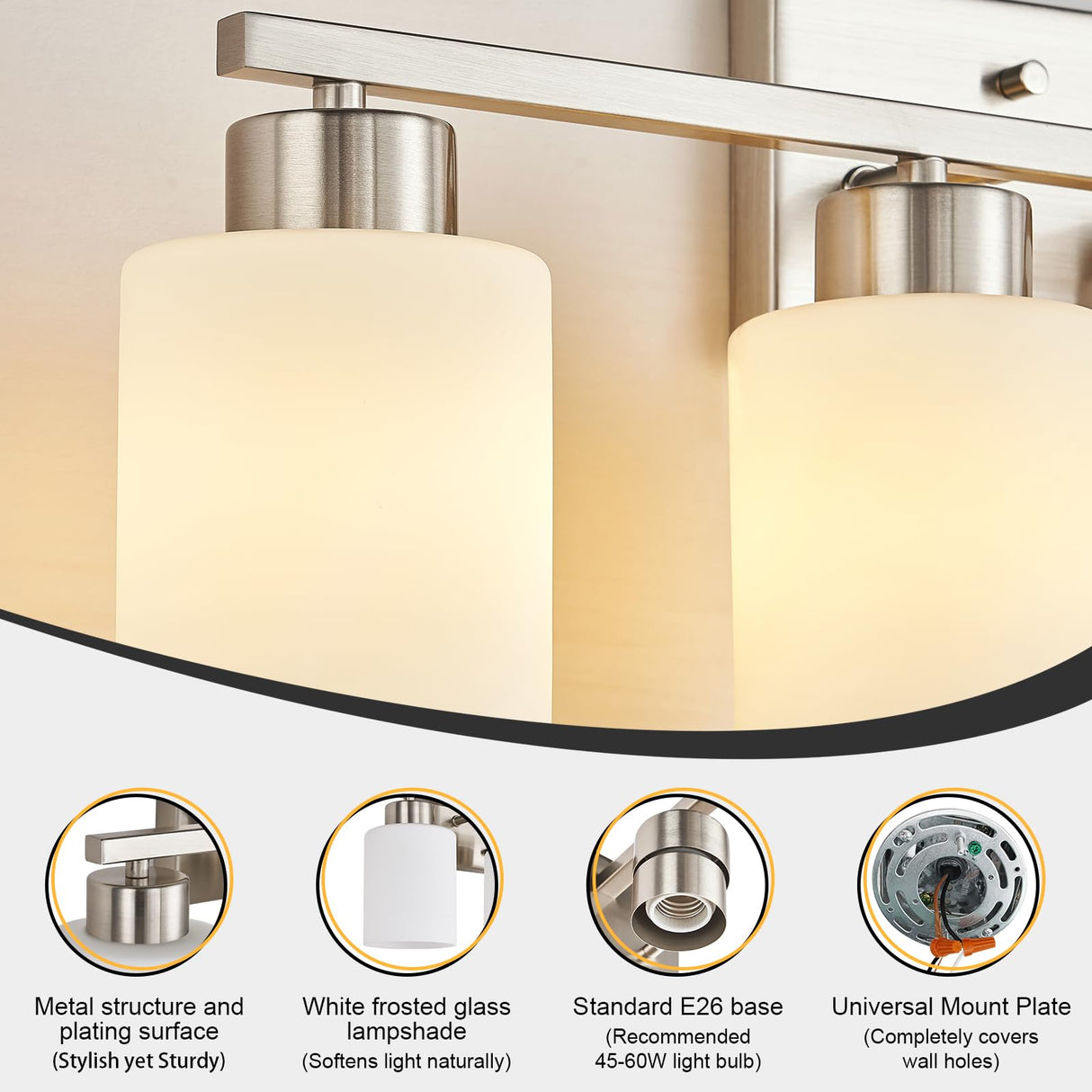 FonmYim Brushed Nickel Bathroom Light Fixtures, 3-Light Modern Vanity Light Over Mirror, Wall Sconces with Milky White Frosted Glass Shades, E26 Socket (Bulbs Not Included) FonmYim