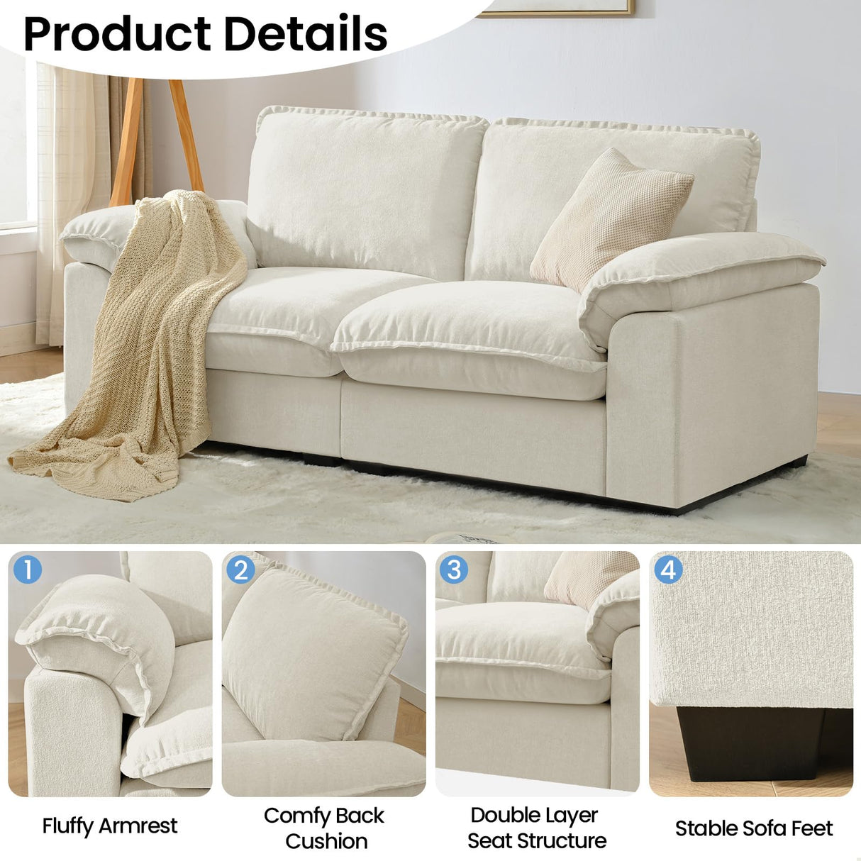 HALLYBEE 72" Cloud Couch Loveseat Sofa with Padded Armrests & Deep Seat Sofas for Living Room Apartment Office Chenille Fabric White HALLYBEE