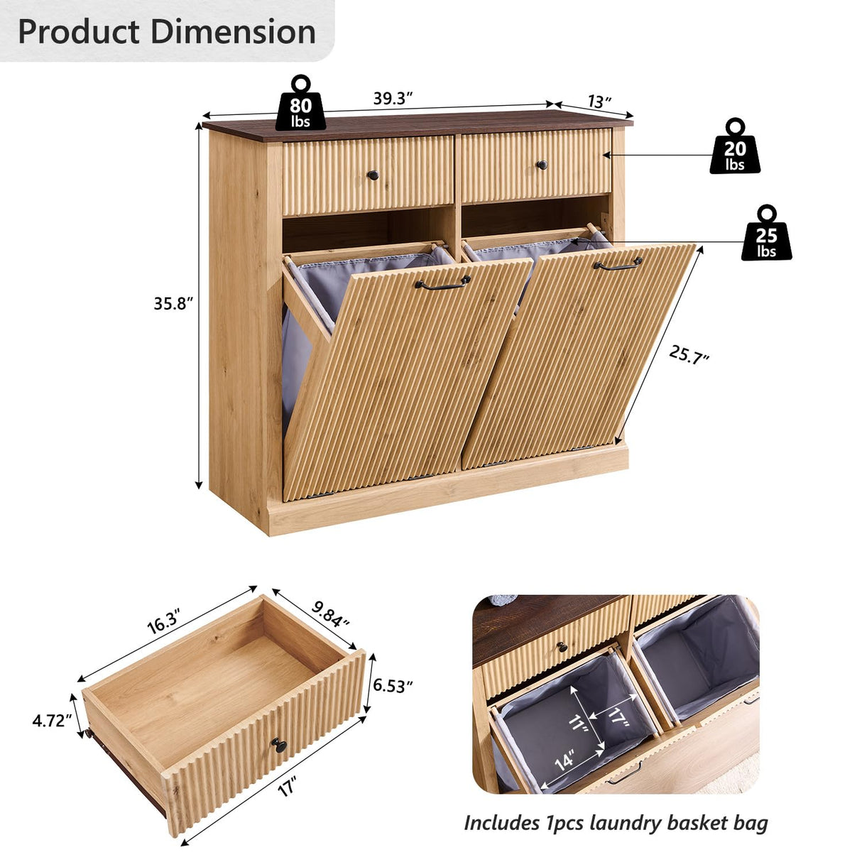 IFGET Modern Double Tilt-Out Trash Cabinet, 20 Gallon Fluted Laundry Hamper Cabinet with 2 Drawers, Wooden Hidden Garbage Can Cabinet with Storage Basket for Kitchen & Living Room, Natural Oak IFGET