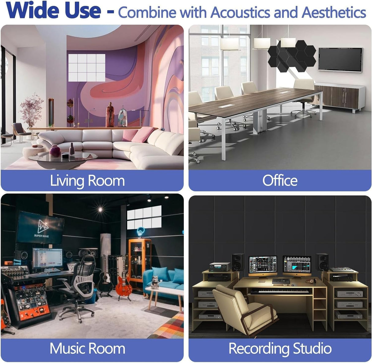 Shatex 12 Pack Hexagon Acoustic Panels,12" X 10" X 0.6" High Density Sound Absorbing Panels Reducing Noise and Improving Sound Quality,Suitable for Recording Rooms, Home Theaters and Offices (Black) Shatex