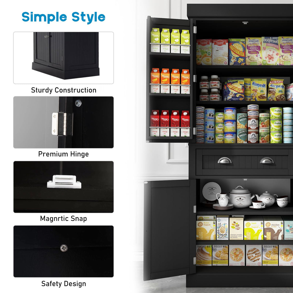 Squireewo 72" Freestanding Kitchen Pantry Storage Cabinet with Doors and 6 Hanging Shelves,Storage Cupboard with Large Drawer for Kitchen,Bathroom or Hallway,Black Squireewo