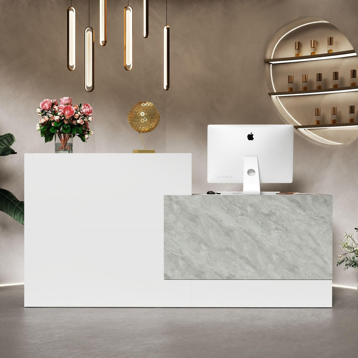 FAMAPY Reception Desk with Shelves, Modern Reception Table with Storage, Front Counter Checkout Table Retail Counter for Lobby Shop, White and Grey, 23.6”D x 86.6”W x 43.3”H FAMAPY