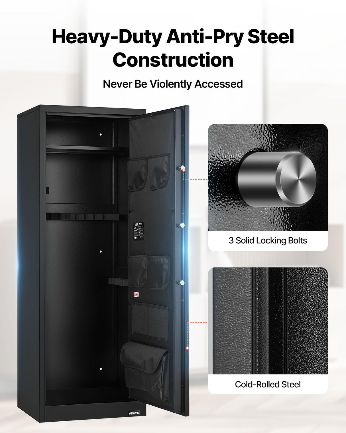 VEVOR 10-12 Gun Safe, Long Gun Cabinet for Rifles and Pistols, Quick Access Rifle Safe with 4 Pistol Pockets and 3 Adjustable Racks, Large Digital Cabinet with Key and Password Lock VEVOR