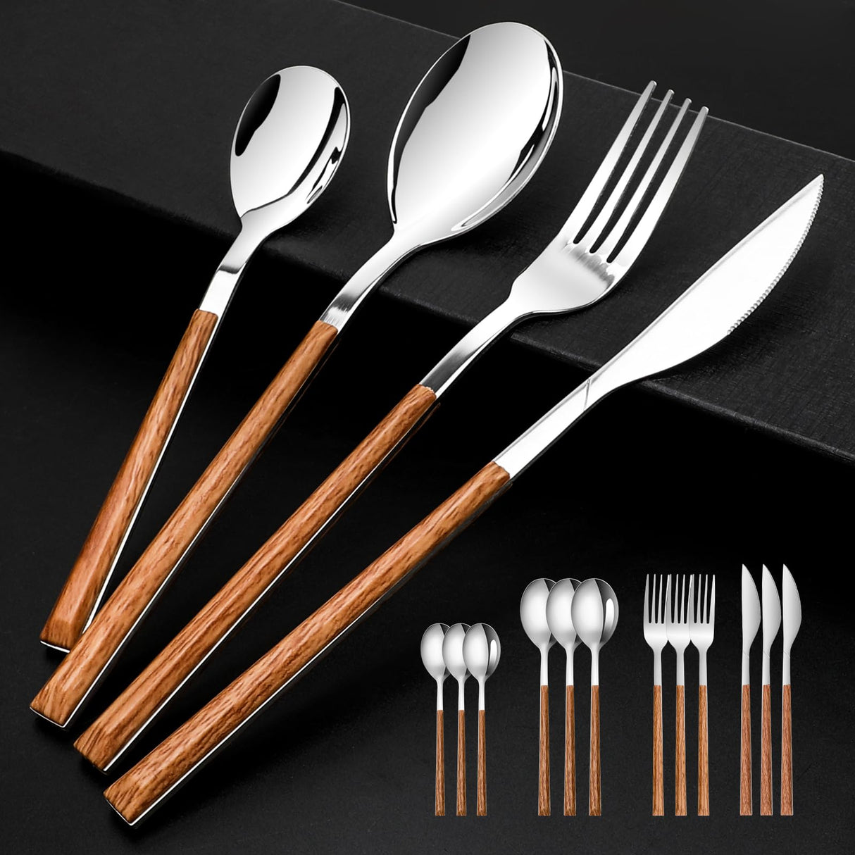 Stainless Steel Flatware Set for 4, Cutlery Utensils Set with Simulated Wooden Handle Include Knives Forks Spoons Service for 4, Mirror Polished and Dishwasher Safe (Silver) SNBNX