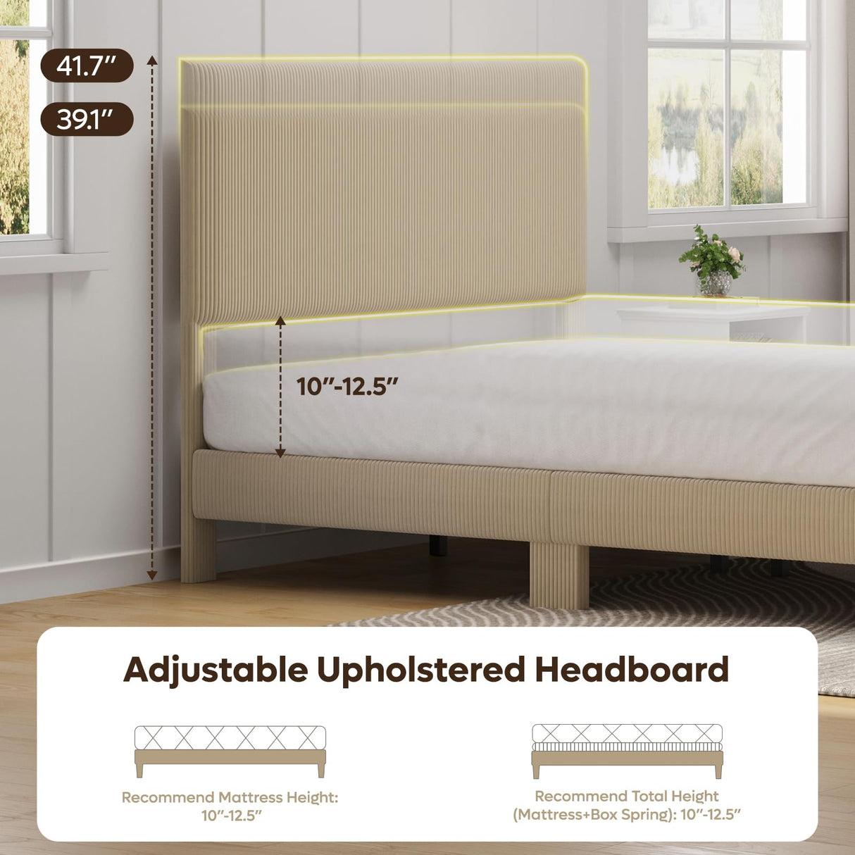 Bestier Queen Bed Frame with Adjustable Headboard, LED Lighting, Vertical Channel Tufted Corduroy Upholstered, Solid Wooden Slats Support, No Box Spring Needed, Never Squeaks, Easy Assembly, Taupe Bestier