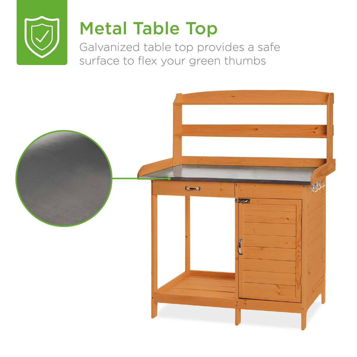 Best Choice Products Outdoor Garden Wooden Potting Bench Work Station w/Metal Table Top, Pre-Stained Finish, Cabinet, Sliding Drawer, Large Bottom Shelf - Brown Best Choice Products