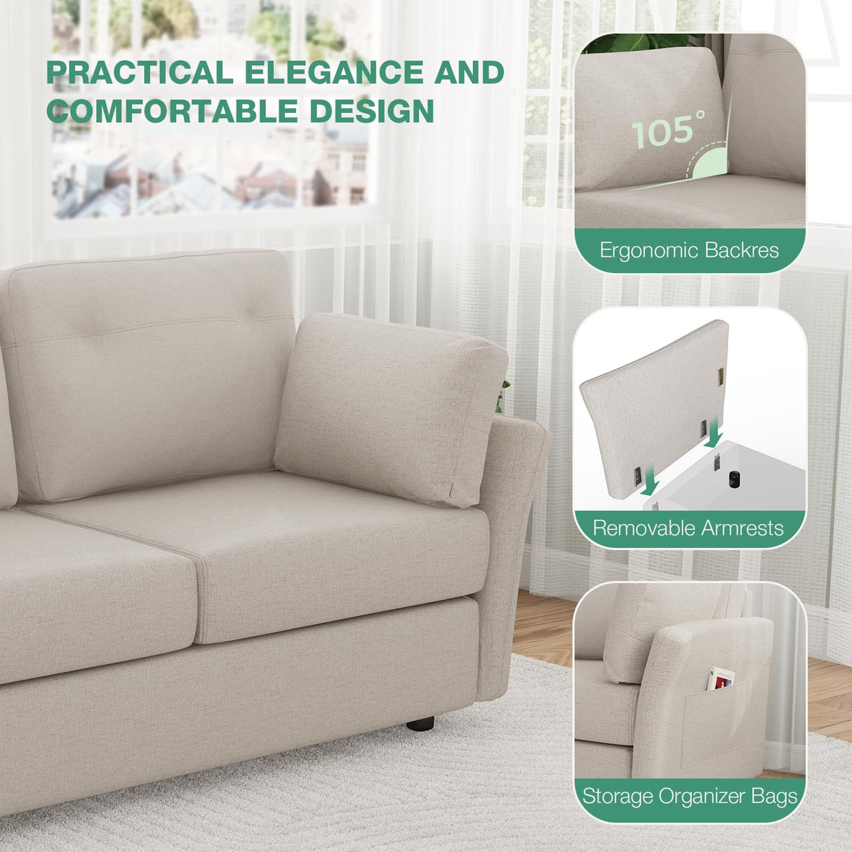 Novilla 57" Loveseat Sofa Small Couch for Living Room, Linen Fabric Upholstered Loveseat Sofa Couch, Small Loveseat Sofa with 2 Bolster Pillows for Apartment, Bedroom, Toolless Assembly,Oatmeal Novilla