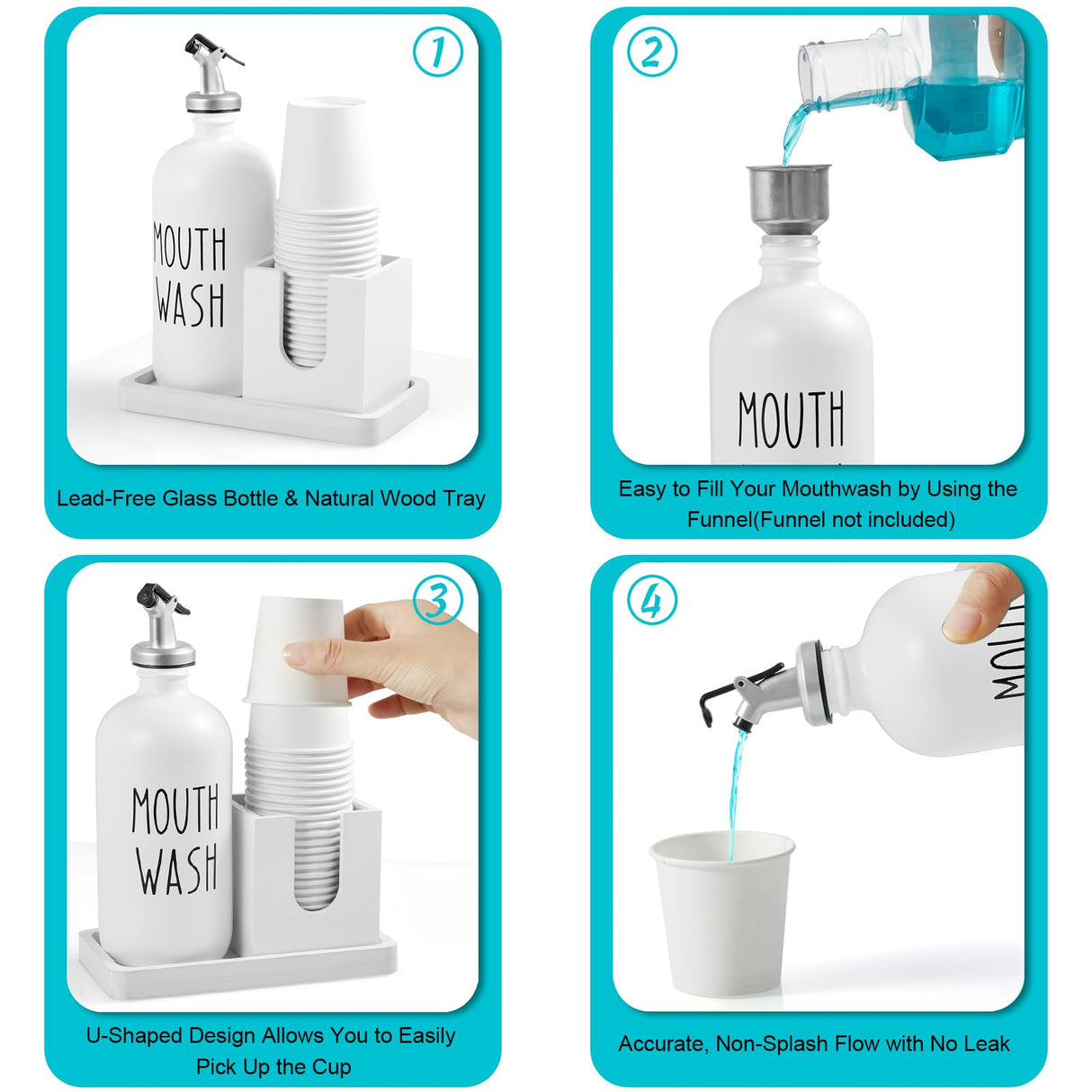 Mouthwash Dispenser for Bathroom, 16 OZ Glass Mouthwash Dispenser with Pour Spout and Wood Cup Holder and Tray, Mouth Wash Bottle Container, Farmhouse Kitchen Bathroom Decor and Accessories, White Bivvclaz