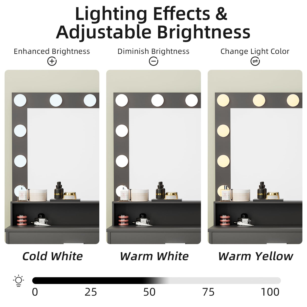 JUMMICO 39.3'' Vanity Desk with LED Lighted Mirror &Power Outlet, Makeup Vanity Table with 4 Large Drawers and 3 Storage Shelves, 3 Model Adjustable Lights for Bedroom & Dressing Room(Black) JUMMICO