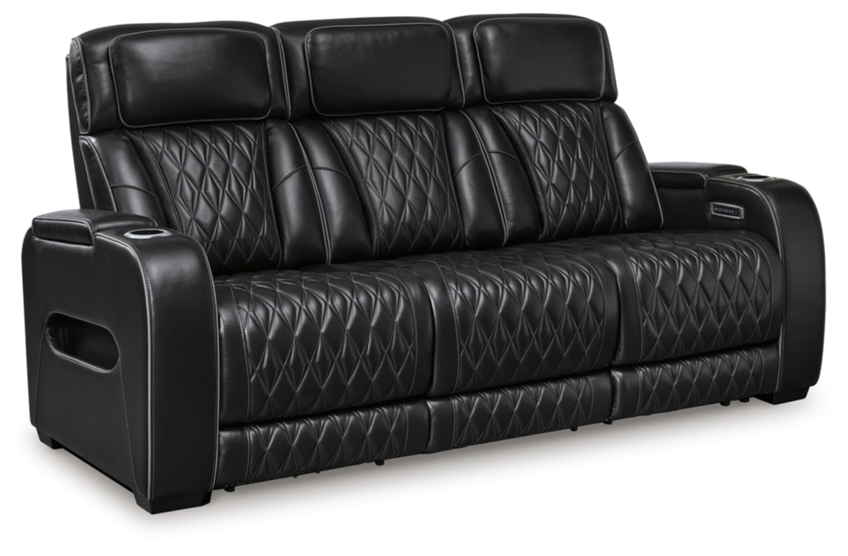 Signature Design by Ashley Boyington Contemporary Leather Match Power Reclining Sofa with Adjustable Headrest, Cup Holder, USB Charging Ports, Air Massage System and LED Lighting, Black Signature Design by Ashley