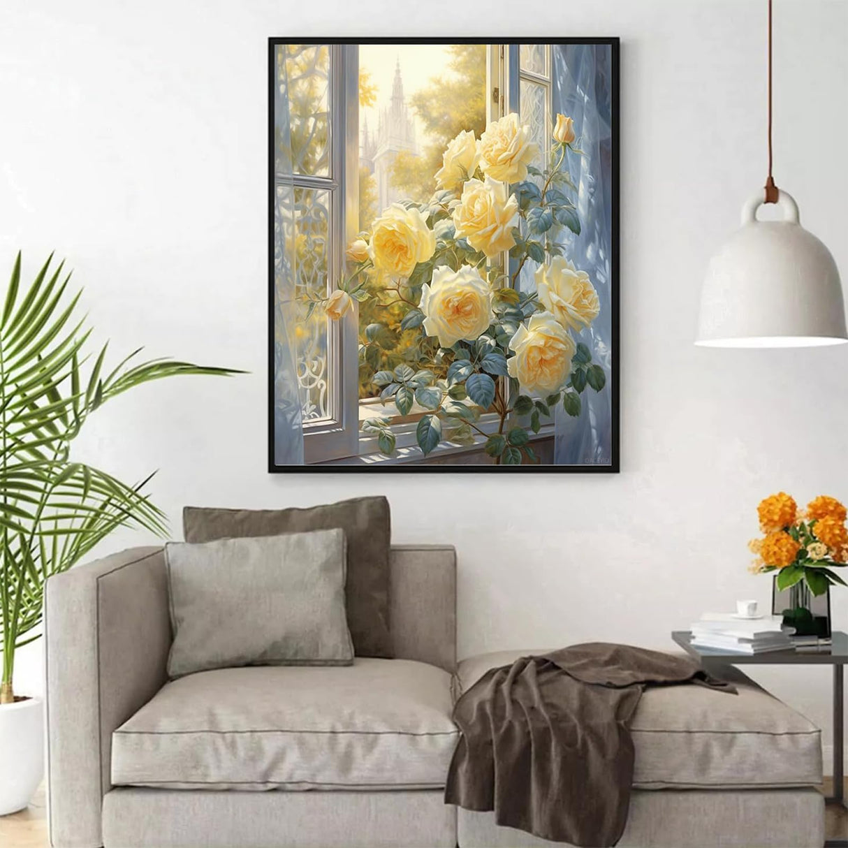 QACEYID Painting by Numbers, Delicate Yellow Roses in Front of The Window, Paint by Numbers for Gift Home Wall Decor, 40x50cm, Without Frame QACEYID