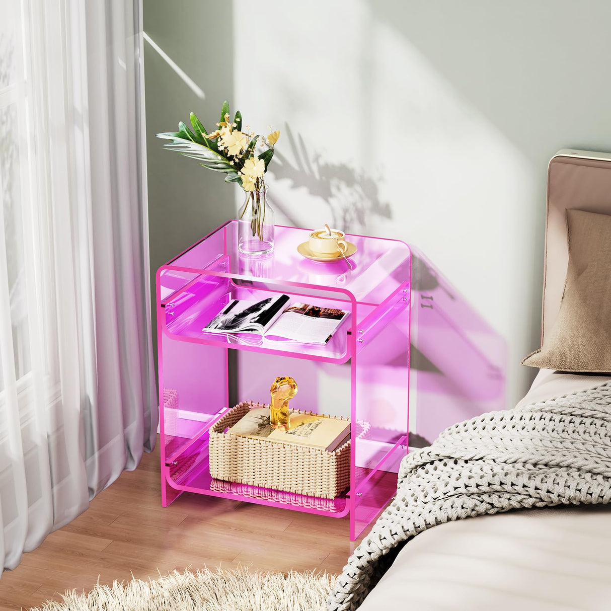 Acrylic End Table Record Player Table with Storage Shelf Clear Side Table Nightstand (15.7x19.7x11.8)(Pink) Acrylicolor