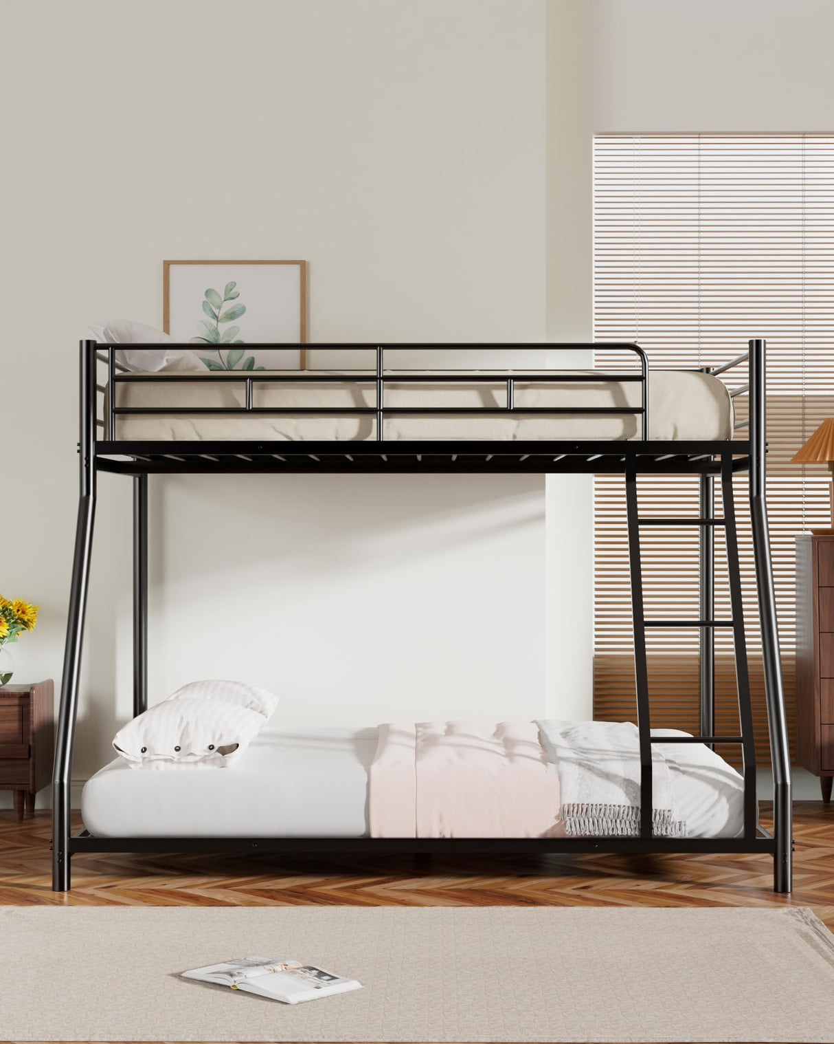 Mixcous Twin Over Full Bunk Bed for Adults & Kids, Heavy Duty Bunk Beds with EVA Padded Ladder and Full-Length Guardrails, Noise-Free Metal Bed Frame, Space-Saving Design, Black Mixcous