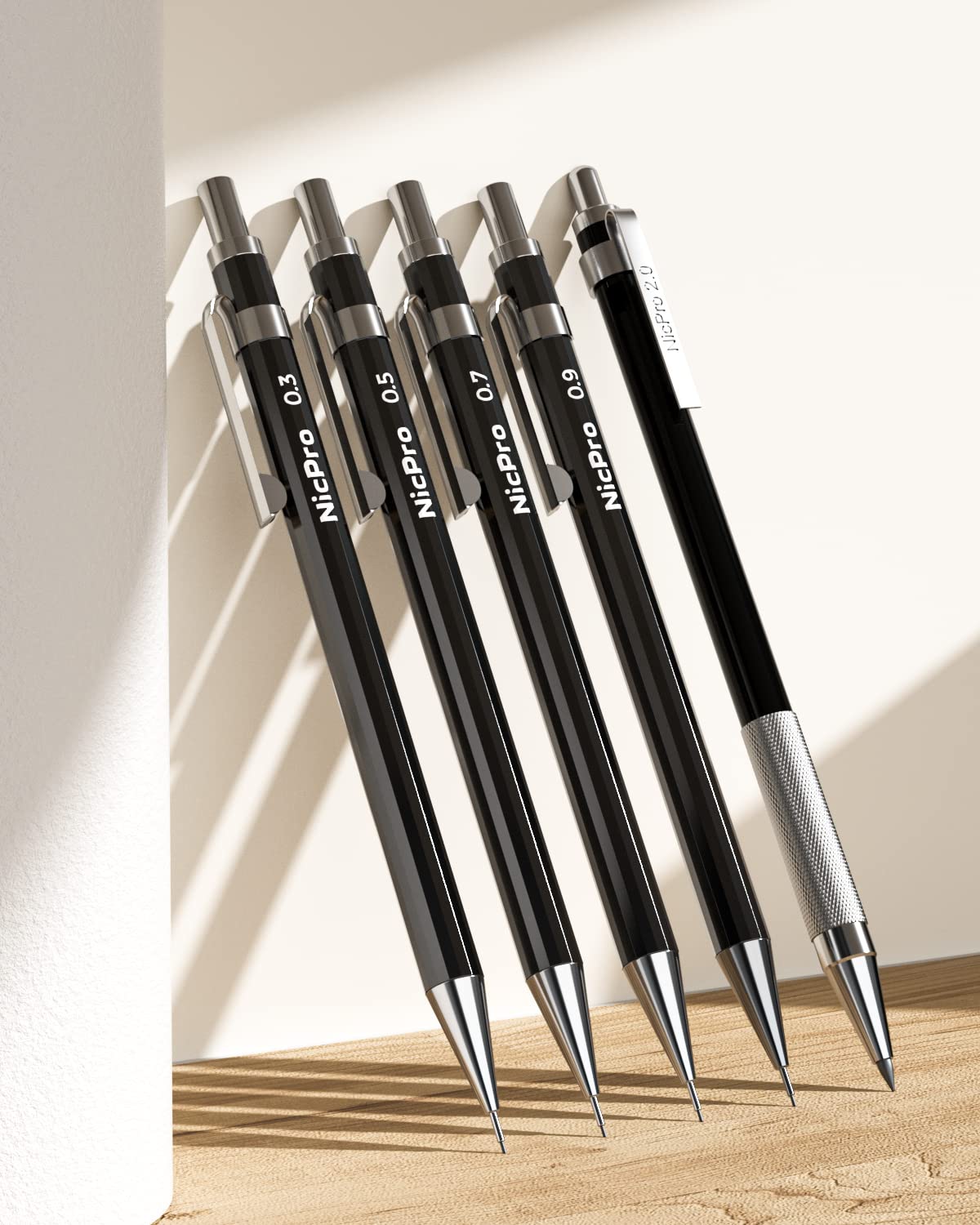 Nicpro Black Art Mechanical Pencil Set in Case, Metal Drafting Pencils 0.3, 0.5, 0.7, 0.9 & 2mm Graphite Holders (2H HB 2B 4B Colored Lead) for Sketching Drawing with 9 Lead Refills, 2 Erasers Nicpro