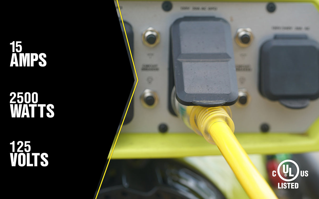 Yellow Jacket Super Heavy-Duty Extension Cord, 100 Ft 10 Gauge 3 Prong, 20-Amp with Lighted T-Blade Plug, Yellow, 2992 Yellow Jacket