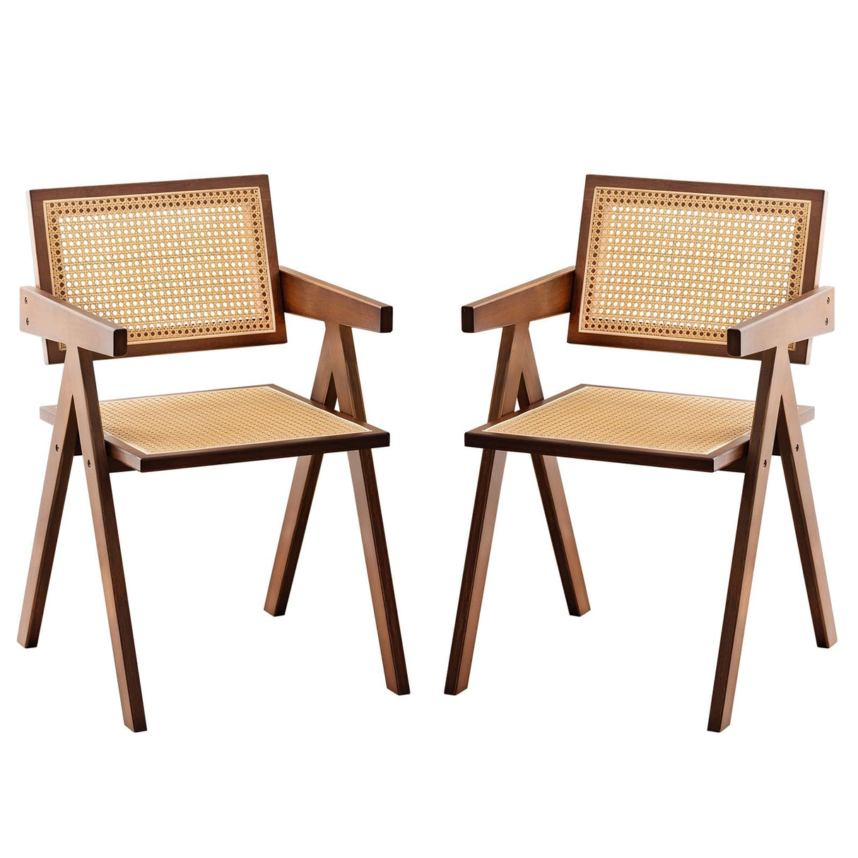 Furlide Rattan Accent Chairs, Modern Mid Century Dining Chairs Set of 2, Comfy Armchairs, Outdoor Rattan Chairs with Armrest for Bedroom Living Room Reading Room Dining Kitchen, Brown Furlide