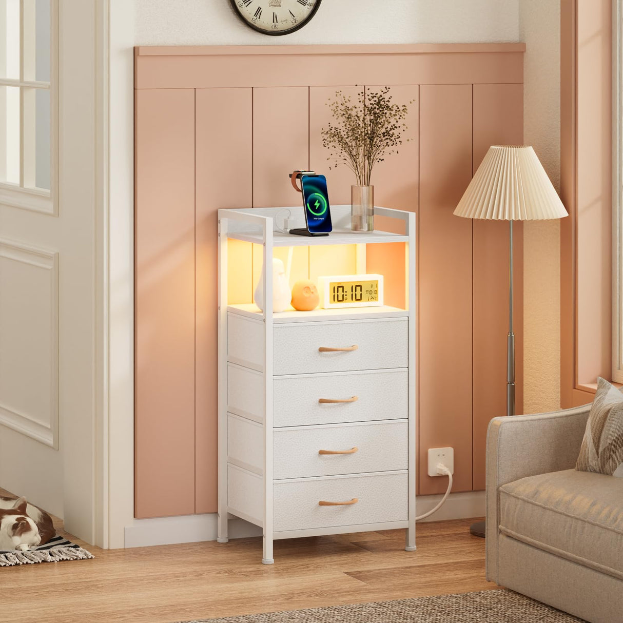 Furnulem White LED Nightstand with 4 Drawers, Charging Station, and Sturdy Metal Frame Furnulem