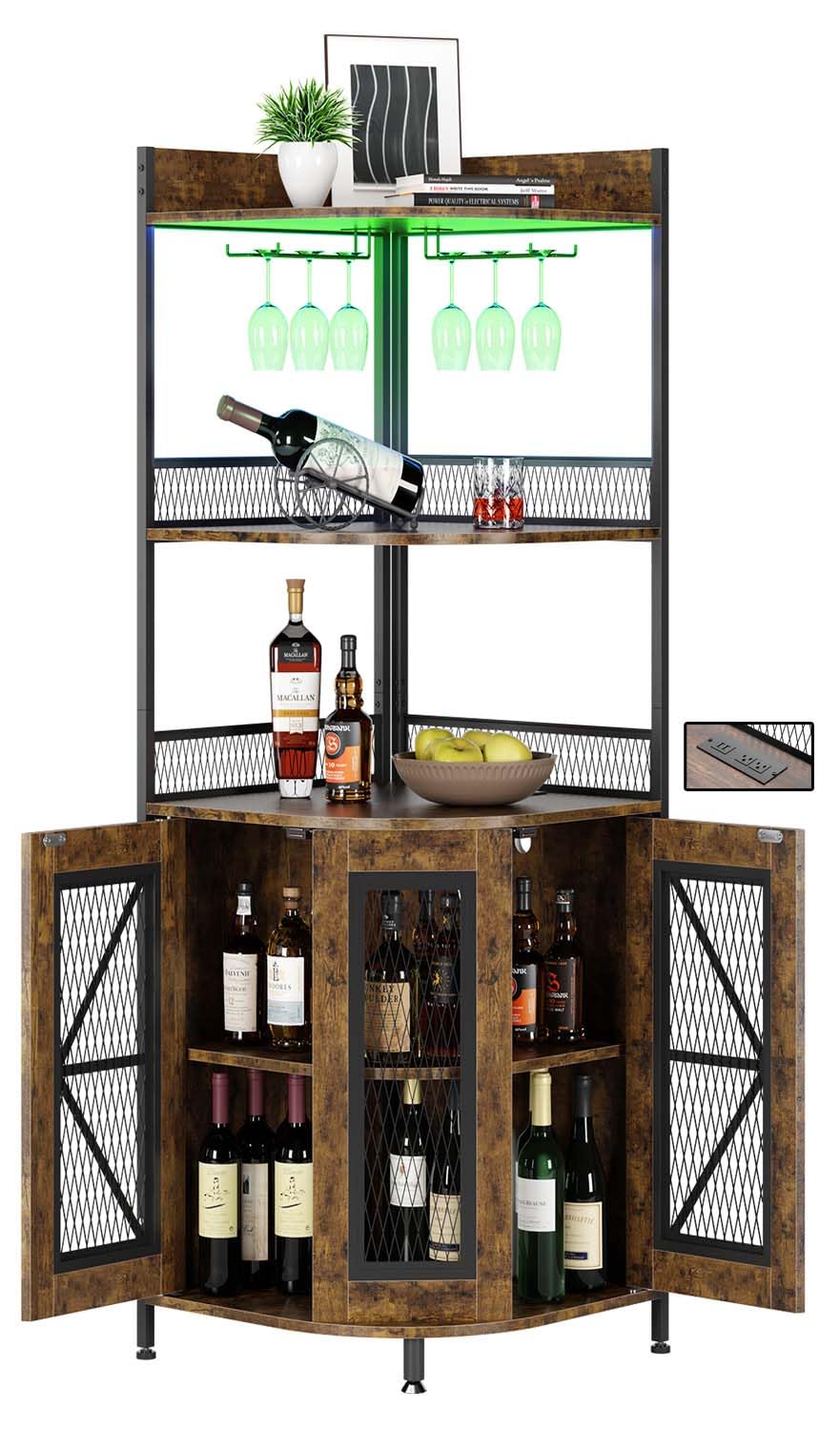 GraveeHome Industrial Corner Bar Cabinet with Power Outlet, 5-Tiers Wine Cabinet with LED Strip and Glass Holder, Multifunctional Liquor Cabinet for Home Bar, Corner Display Storage Cabinet for Home GarveeHome
