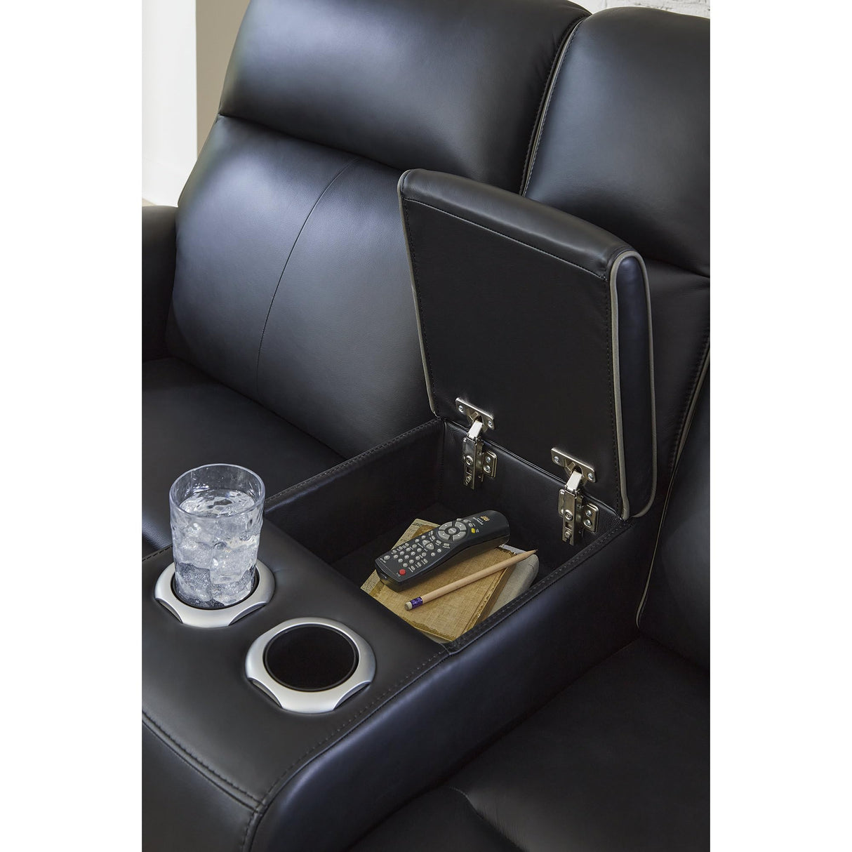Signature Design by Ashley 5Z-Dreamlight Modern Leather Match Power Reclining Loveseat with Console, Adjustable Headrest and USB Charging, Black Signature Design by Ashley