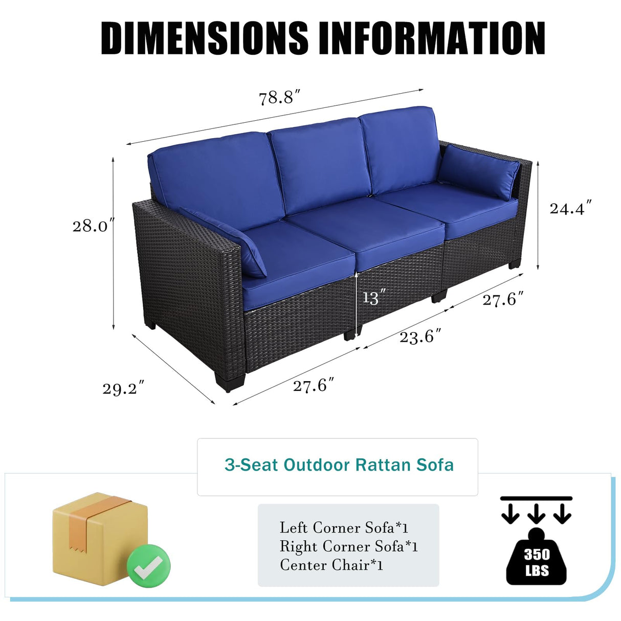 HISUKOY Outdoor Couch Wicker Patio Sofa, 3-Seat Sofa Patio Furniture Couch Outdoor Patio Sofa Seating Furniture for Garden,Backyard,Porch, Black-Blue HISUKOY