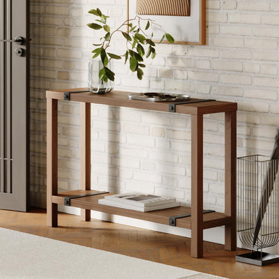 Modern Farmhouse Entryway Table - Skinny Console Table with Storage & Metal Details – Behind Couch Sofa Table - Small Hallway Table - Wood Entry Table - Industrial Farmhouse Decor (Medium Oak Finish)