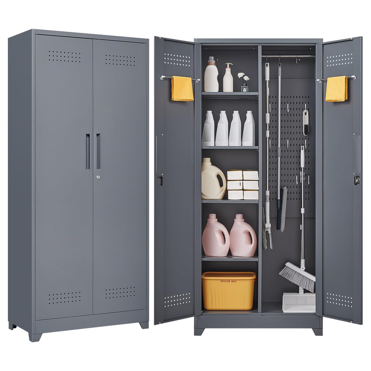 FLEXIMOUNTS 73'' Tall Metal Storage Cabinet with Locking Door, Large Cleaning Tool Organizer for Brooms, Garage, Laundry Room, Bathroom, Dark Grey FLEXIMOUNTS