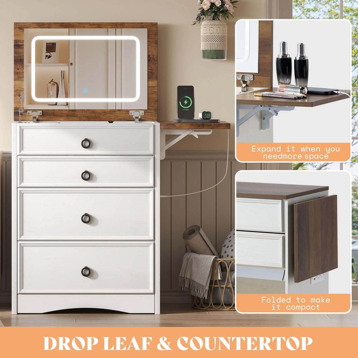 AMERLIFE 3-in-1 Makeup Vanity with Sliding Stool, Fold-up Panel, Divided Storage & Power Port, Farmhouse Makeup Table with Adjustable LED Light, for Small Space, White & Barnwood AMERLIFE