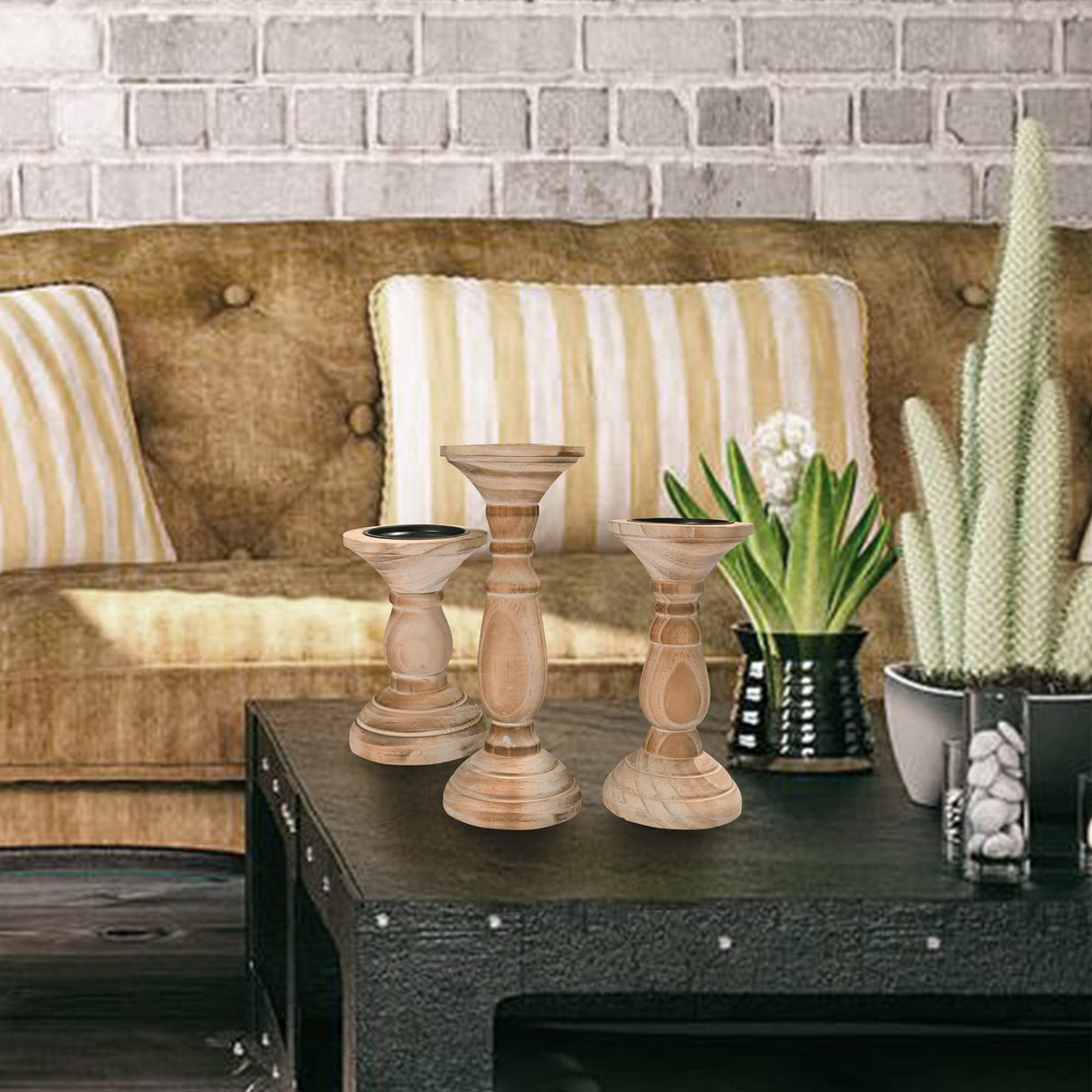 Yorkmills Pillar Candle Holder Set of 3, Farmhouse Decor Living Room Tall Candle Holders for Pillar Candles, Wood Candle Holders for Table Centerpieces Tan Home Decor Kitchen Dining Room Table Decor Yorkmills