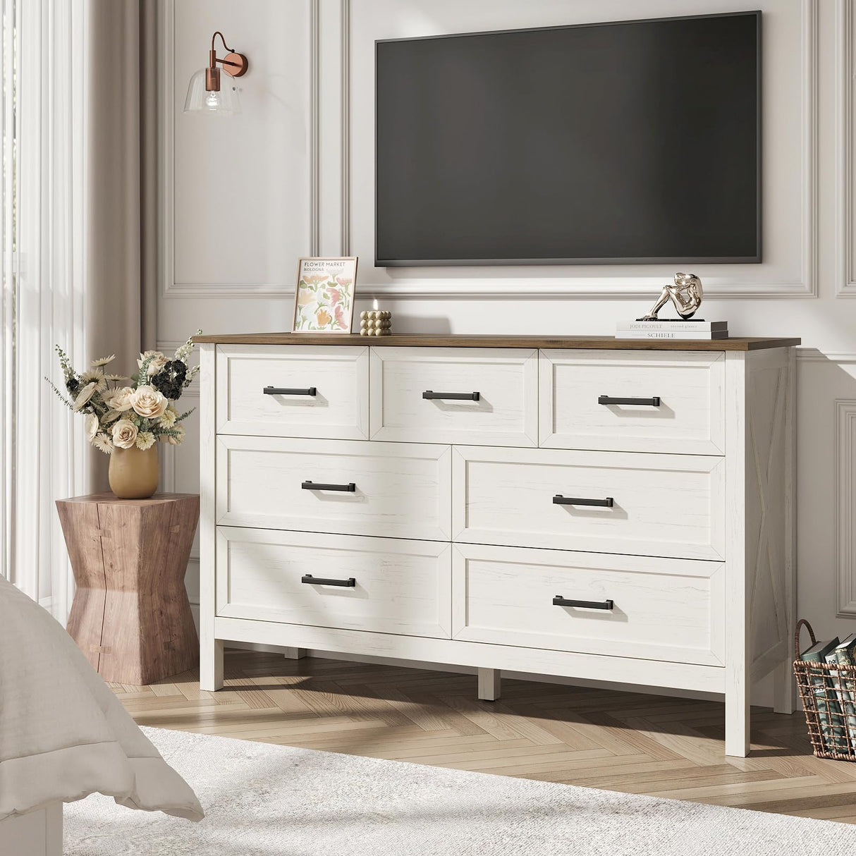 BAZELOR Farmhouse 7 Drawers Dresser for Bedroom, Modern Dresser with Metal Handle, Natural Texture, Wood Rustic Chest of Drawers for Bedroom,Living Room,Hallway and Entryway, Antique White BAZELOR