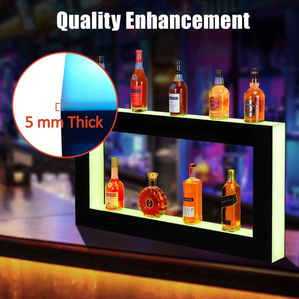Takywep LED Lighted Liquor Bottle Shelf, Square 2-Tier 48 Inch Bar Bottle Display Shelf with Remote & App Control, 16 Colors, Wall Mounted Acrylic Liquor Shelf for Home Commercial Bar Takywep