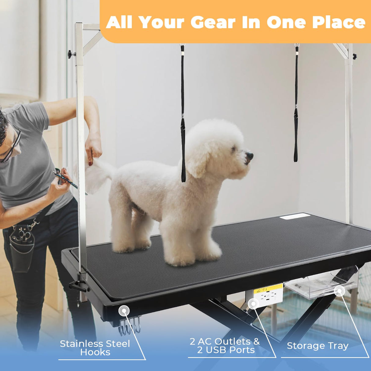 UDSONFY Electric Pet Dog Grooming Table, 50" Heavy Duty Grooming Table Professional X-Lift for Large Dogs Adjustable Height: 11.3"-40" Non-slip, AC Outlets, Storage Tray, 2 Nooses, Black UDSONFY