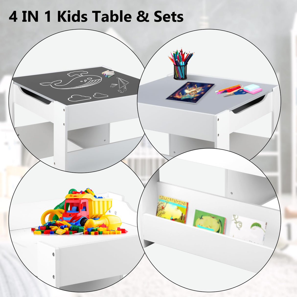 Kinder King Kids Wood Table & 2 Chairs Set, 4 in 1 Children Activity Table w/Double Bookcase, Blackboard, Toddler Furniture Set for Art, Crafts, Drawing, Reading, Playroom, Grey Kinder King