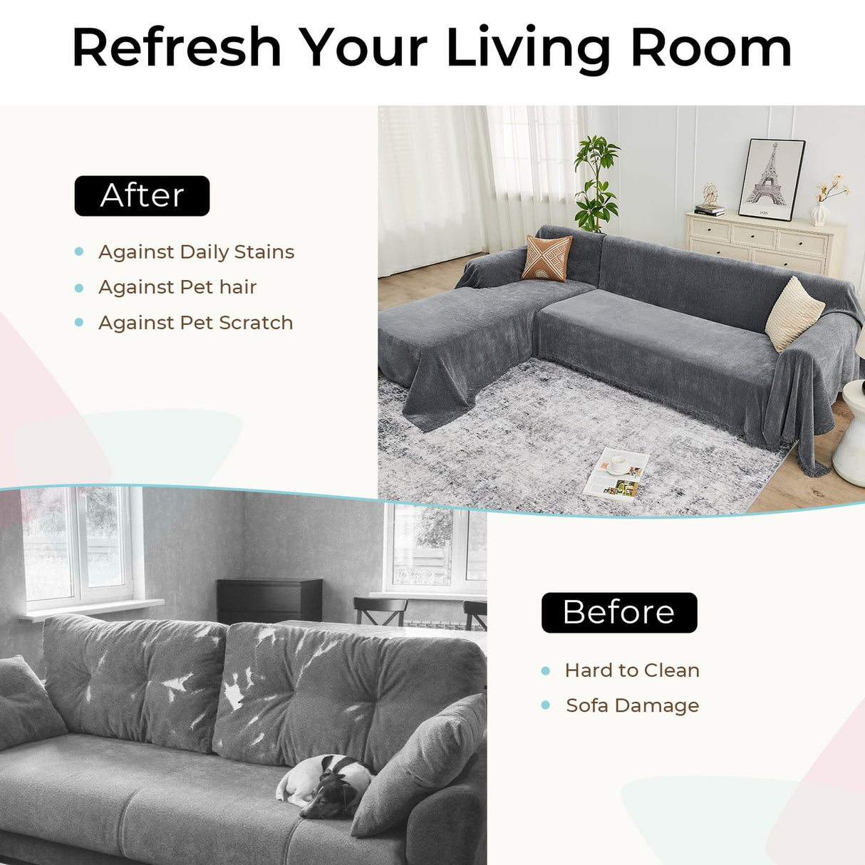 CAPALOCA Sectional Couch Covers, 2 Pieces Chenille Sofa Cover L Shaped Couch Cover Blanket for Dogs Washable Sofa Slipcovers Pet Furniture Protector (X-Large: 71" x 110" + 71" x 118", Dark Gray) CAPALOCA