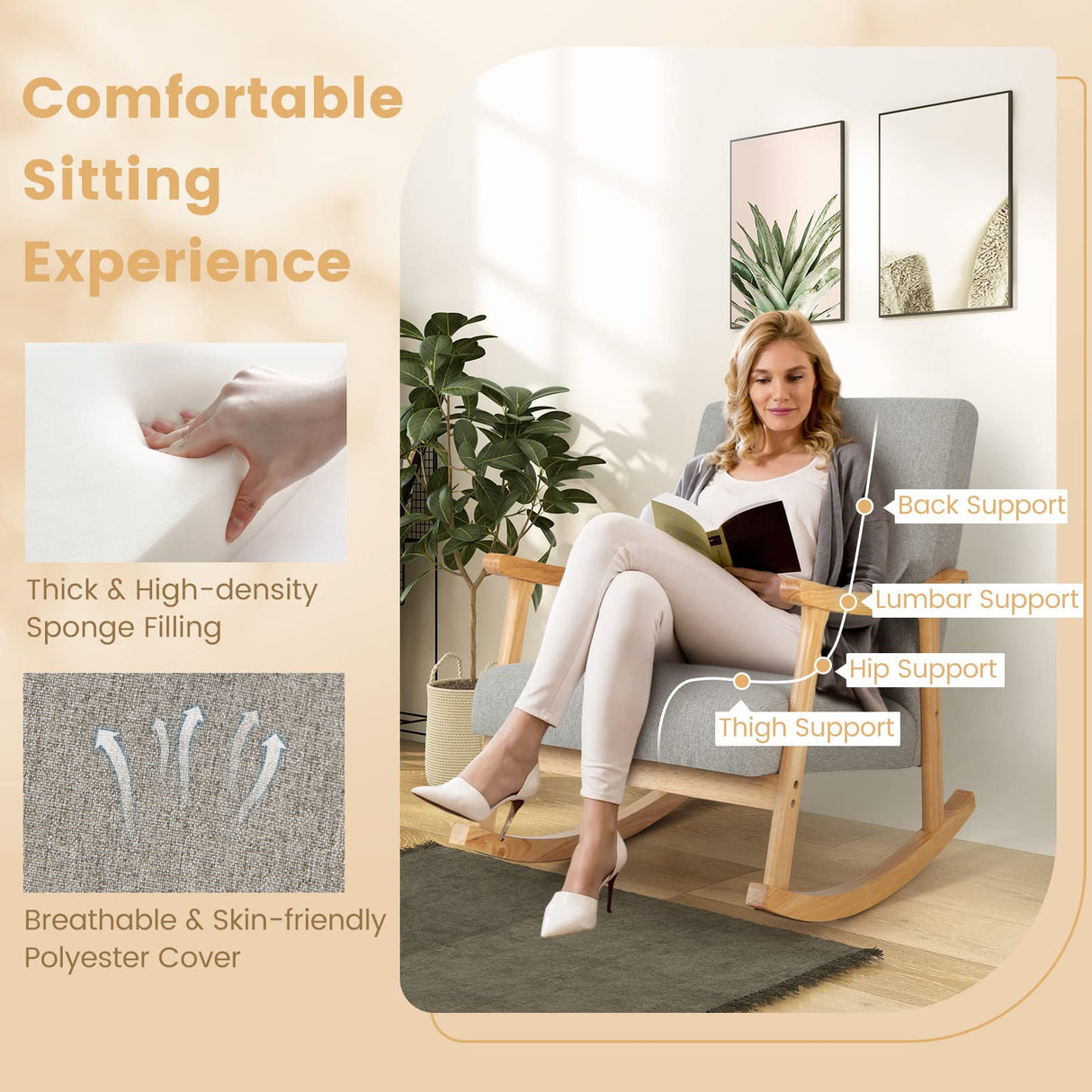 IFANNY Upholstered Rocking Chair, Modern Glider Rocker with Lumbar Pillow & Rubber Wood Legs, Wooden Recliner Rocking Accent Armchair Chair for Living Room, Bedroom, Nursery (1, Grey) IFANNY