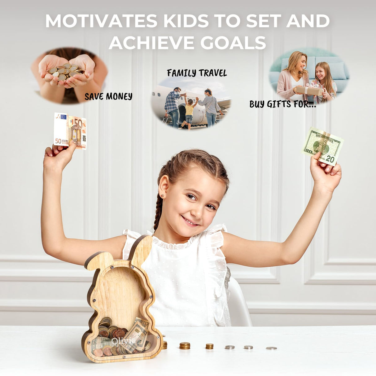 Customizedbee Bunny Piggy Bank for Kids, Personalized Wooden Money Box, Easter Gifts for Kids, Birthday Presents Piggy Bank Toy, Bedroom Decor Money Holder Encourages Early Saving Customizedbee