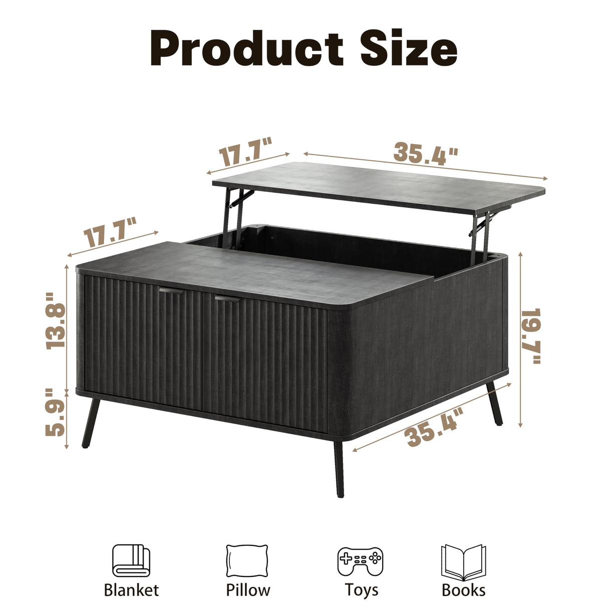 Fatmok Coffee Table, Lift Top Coffee Table for Living Room, 35.4" Square Coffee Table with Storage, Modern Fluted Center Table with Hidden Storage Compartment, Large Rustic Coffee Table, Black Fatmok