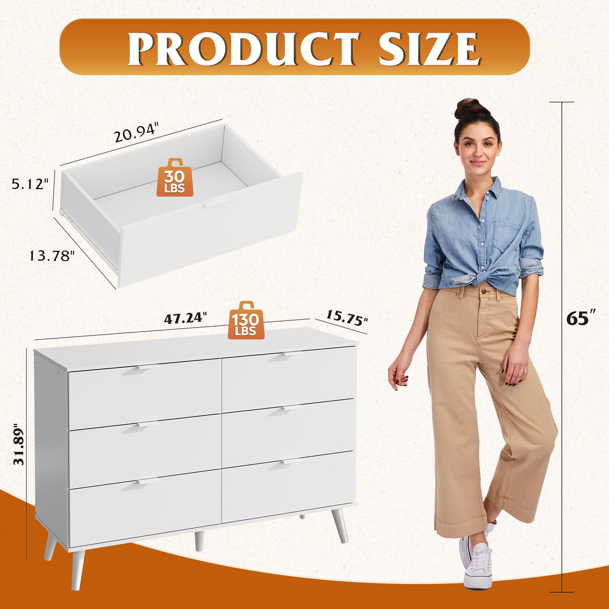 WLIVE 6 Drawer Dresser for Bedroom, 47.24'' Wide Wood Dresser, White Dresser Storage Organizer with Sturdy Metal Handle, TV Stand for 55 inch TV, Chest of Drawers for Living Room, Hallway, Closet WLIVE