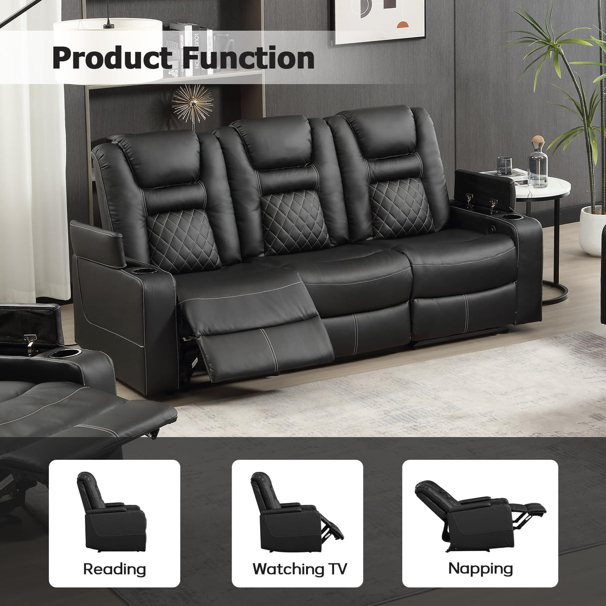 EBELLO Home Theater Seats, Faux Leather Movie 3 Seat Recliner Sofa with Hidden Arm Storage, Power Gaming Reclining Sofa with USB Charge and Cup Holders EBELLO