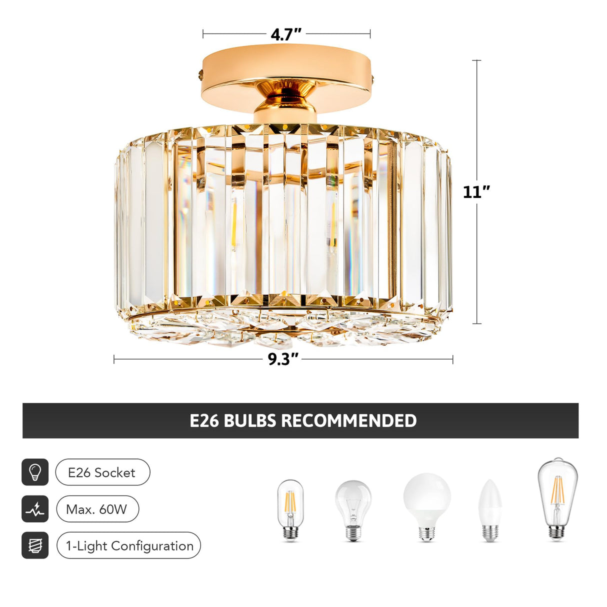 VONLUCE Crystal Ceiling Light Fixture, Semi Flush Mount Ceiling Light Modern Crystal Hallway Light, Gold Flush Mount Chandelier for Entryway Kitchen Bedroom Living Room Entryway VONLUCE