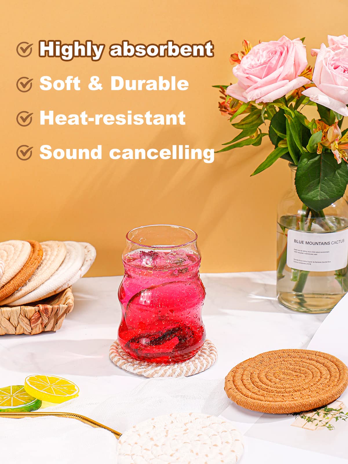 Coasters for Drinks & Water Hyacinth Storage Basket Set- 6 Styles 12 Pcs Boho Absorbent Coasters for Coffee Table, Large Hand Woven Wicker Basket for Home Decor ANPHSIN