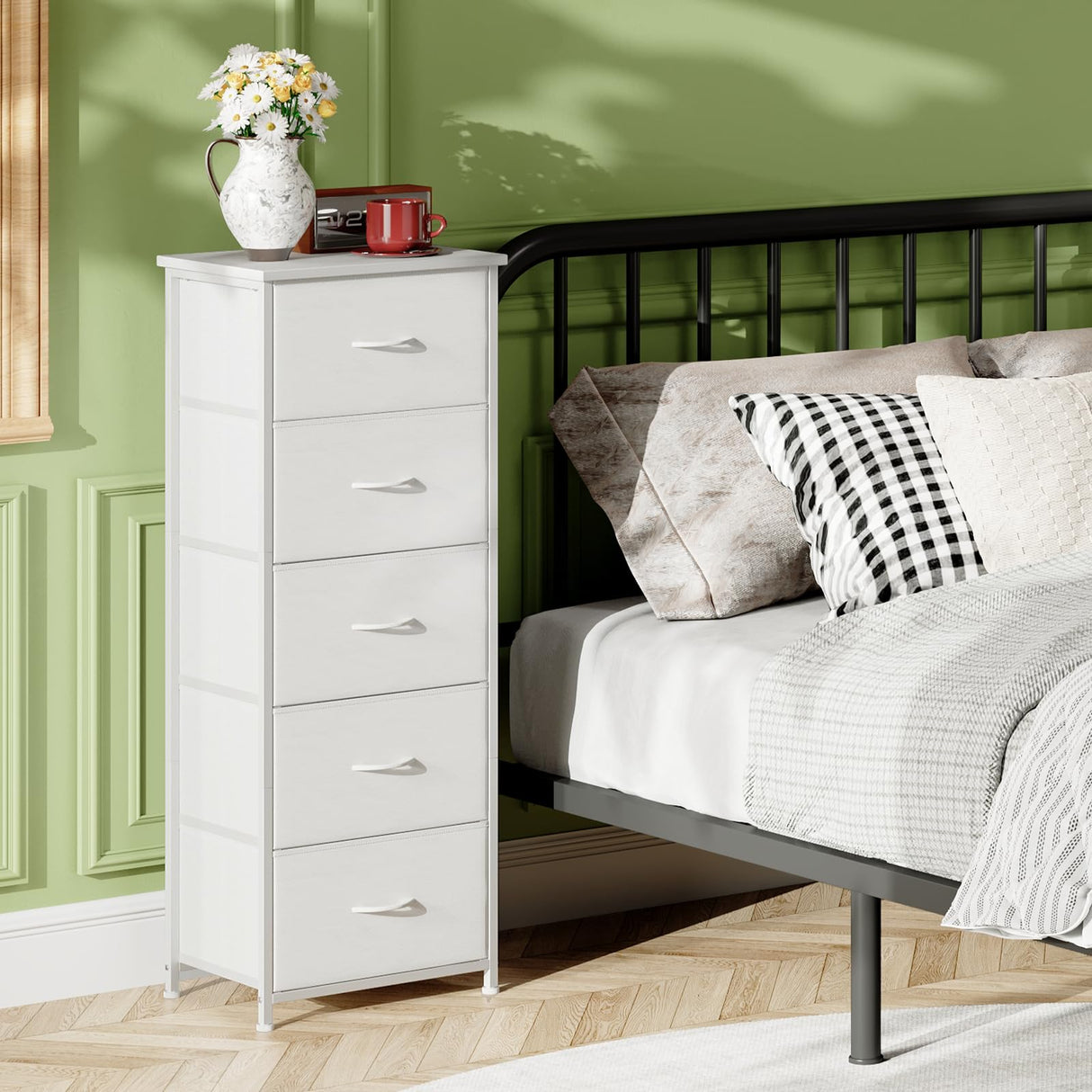 Somdot Dresser for Bedroom,Chest of Drawers Storage Organizer,Steel, MDF,Non-Woven Fabric Drawers,Closet Bedside Living Room Entryway Hallway,11.8" D x 16.5" W x 45.1" H (5 Drawers) White Leather,1 Somdot
